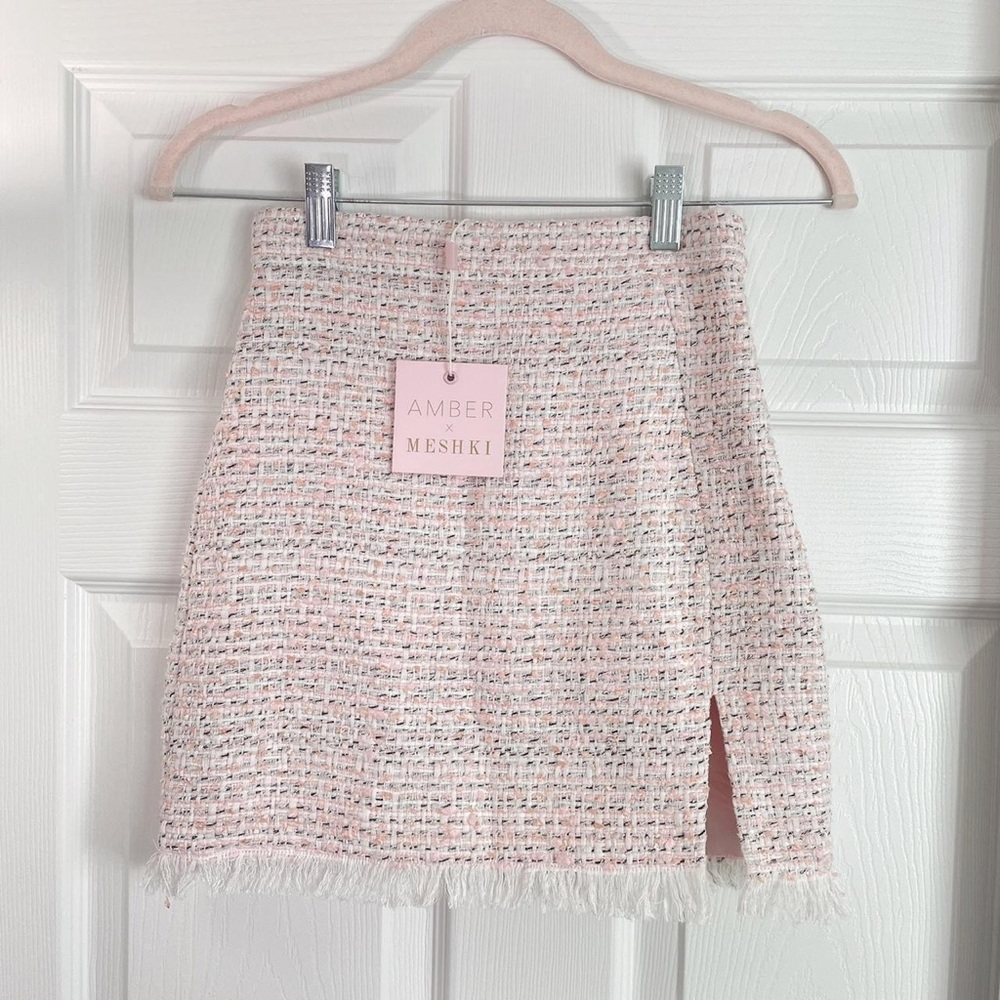 Meshki x Amber Scholl pink and white tweed slit mini skirt